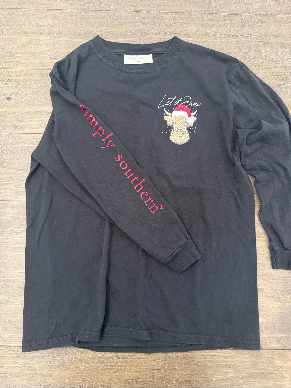 Simply Southern Black Long Sleeve 'Let It Snow' Shirt with Red Sleeve Logo